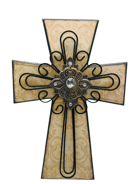 Open Road Tan Wood w/ Metal Cross 12" x 8"