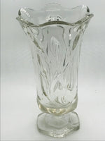 Large Glass Vase with Carved Out Flower Accents 10" CHIP ON BOTTOM