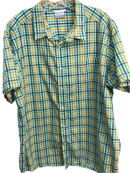 Columbia Short Sleeve Shirt Button Up Green & Yellow Plaid Mens Xl