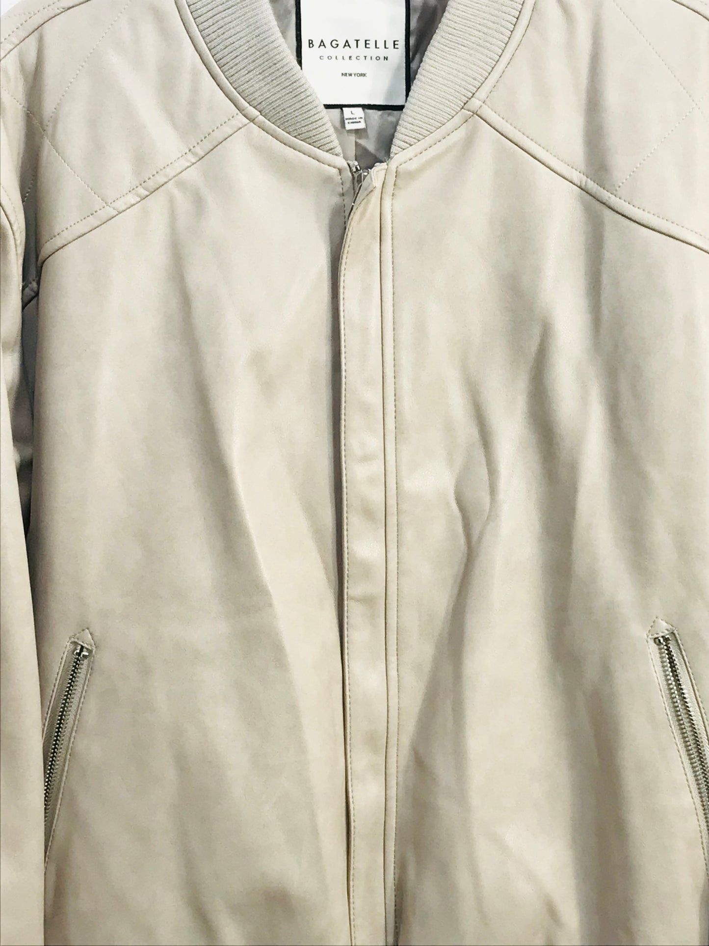 Bagatelle Full Zip Bomber Style Vegan Leather Cream Color Ladies L