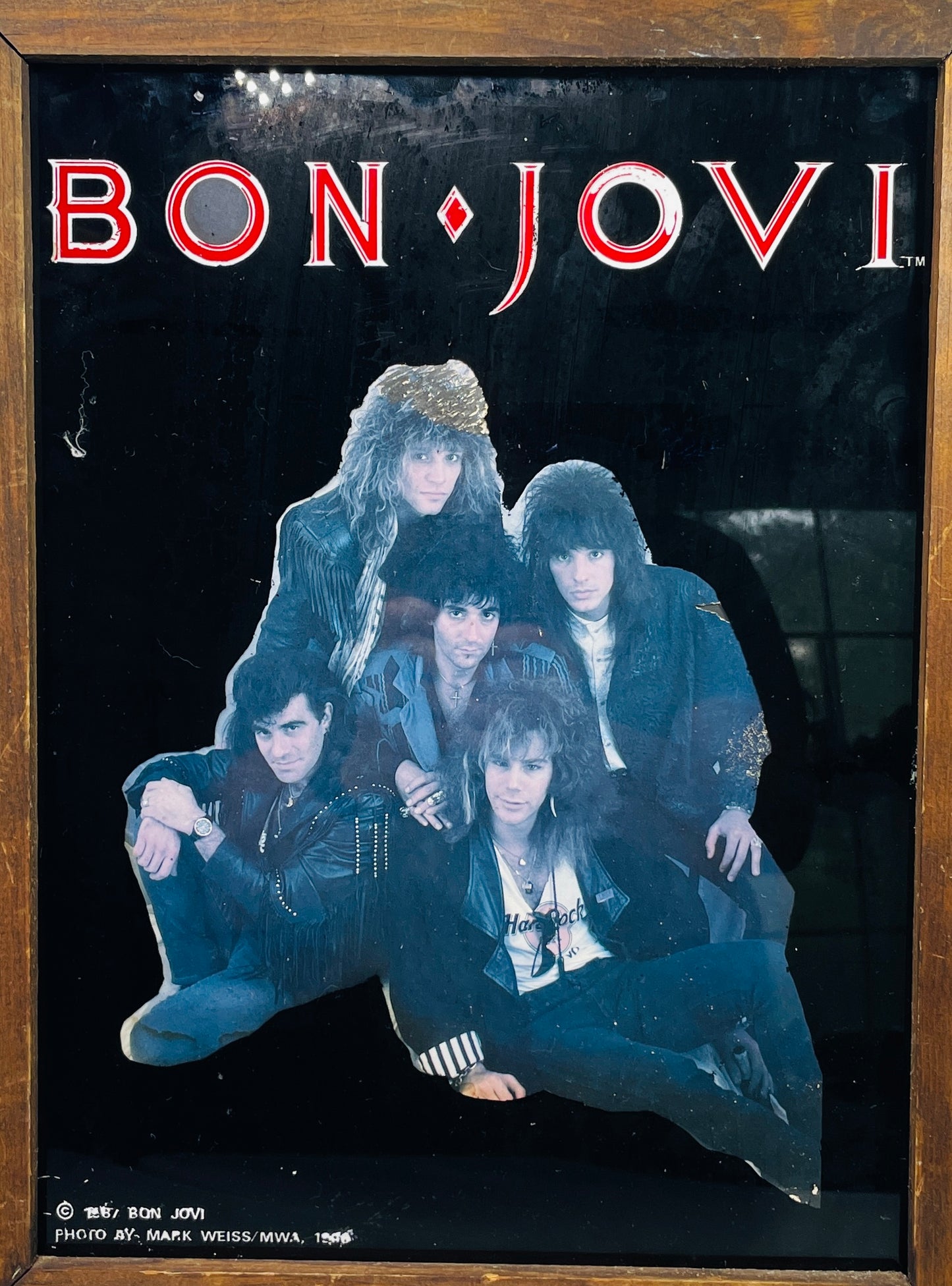 Vintage 1987 Bon Jovi Glass Wood Framed Picture 19”x15” Photo By Mark Weiss 1986