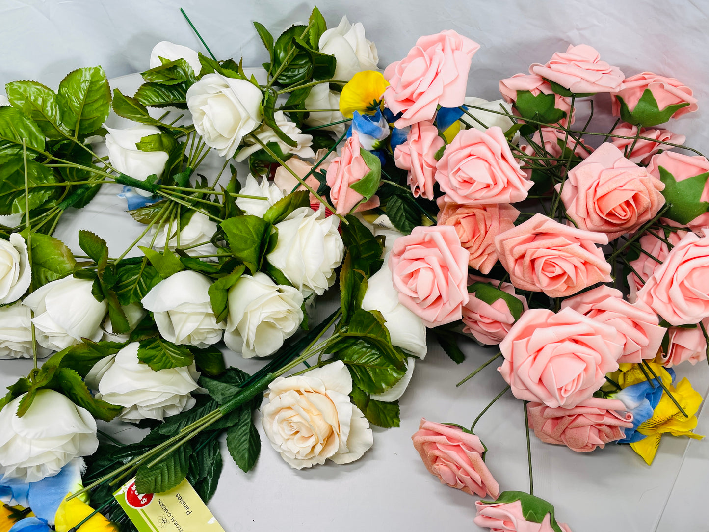 BOX LOT of 85 Faux Artificial long Stem Flowers Pink & White Roses + Blue Irisis