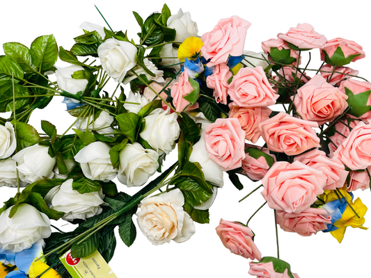 BOX LOT of 85 Faux Artificial long Stem Flowers Pink & White Roses + Blue Irisis