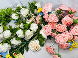 BOX LOT of 85 Faux Artificial long Stem Flowers Pink & White Roses + Blue Irisis