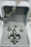 Sterling Silver 925 Fleur de Lis Set: Earrings, Bracelet, Pendant