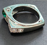 Sterling Silver 925 RING Square with Green and Clear Crystal Stones SIZE 7