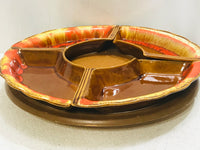 SM CHIP: Vintage 5 PC Food Serving Set Handmade 1981 Brown with Orange/Ivory Scalloped Edge w/Lazy Susan