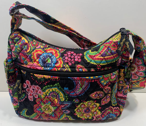 EUC Vera Bradley Quilted Purse Shoulder Bag Black & Pink Floral 11" 8"