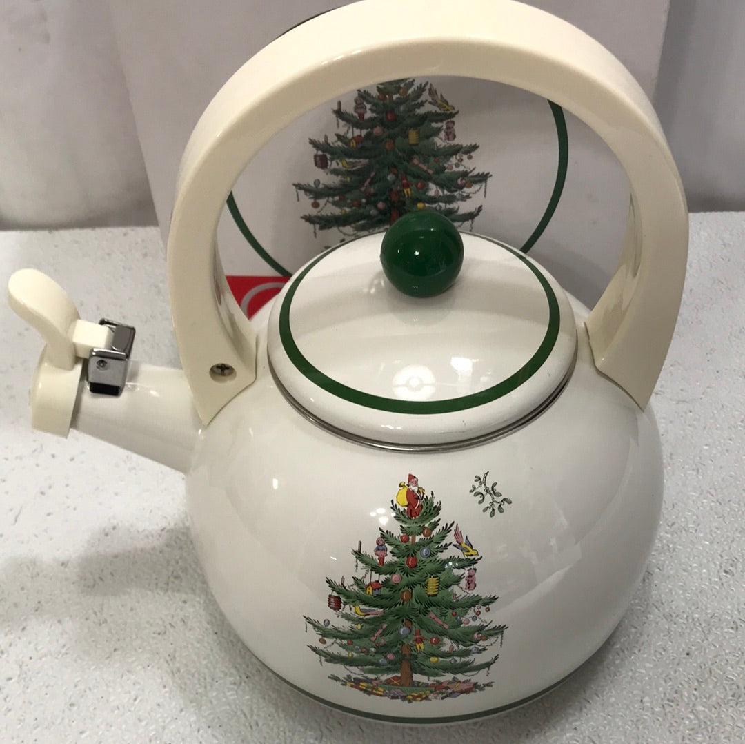 NIB Spode Christmas Tree Whistling Tea Kettle DAMAGED BOX