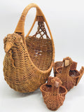 Vintage 3 PC Wicker Hen and Chick Egg Basket Set