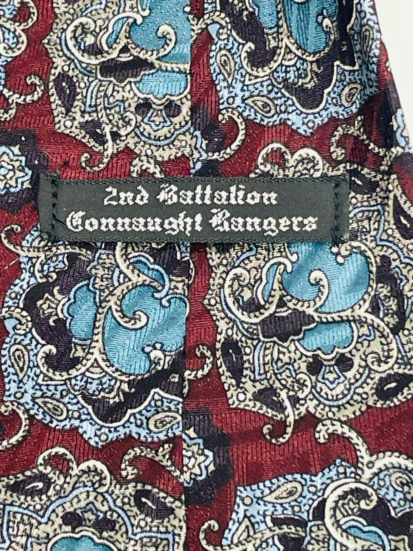 VINTAGE 2nd Battalion Connaught Rangers Neckwear Necktie 100% Silk Burgundy & Blue Floral Design