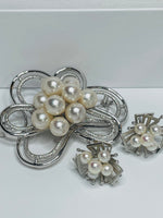 Vintage Sterling Silver 3 PC Cluster White Pearl Set: Brooch/Pendant, Earrings