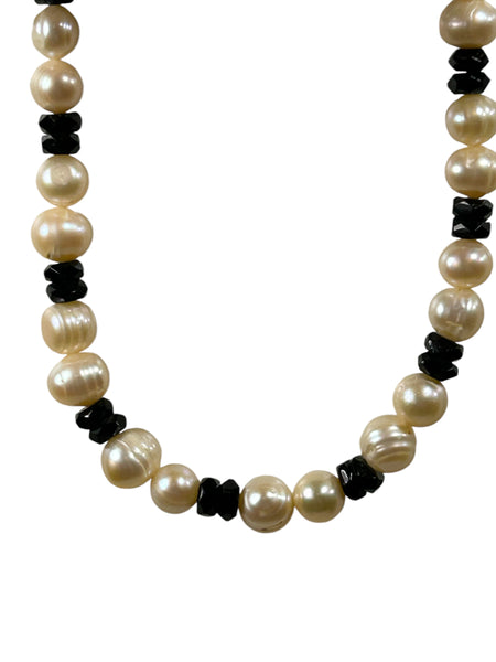 Genuine Freshwater Pearl Necklace 17" with Black Glass Beads 38 Total White Pearl Beads