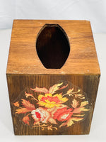Vintage 6" Wooden Tissue Box Square with Floral Accent