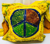 Handmade SUPER COOL Bohemian Hobo Sling Purse Yellow with Stitched Colorful Peace Sign & Sequins