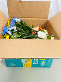 BOX LOT of 85 Faux Artificial long Stem Flowers Pink & White Roses + Blue Irisis