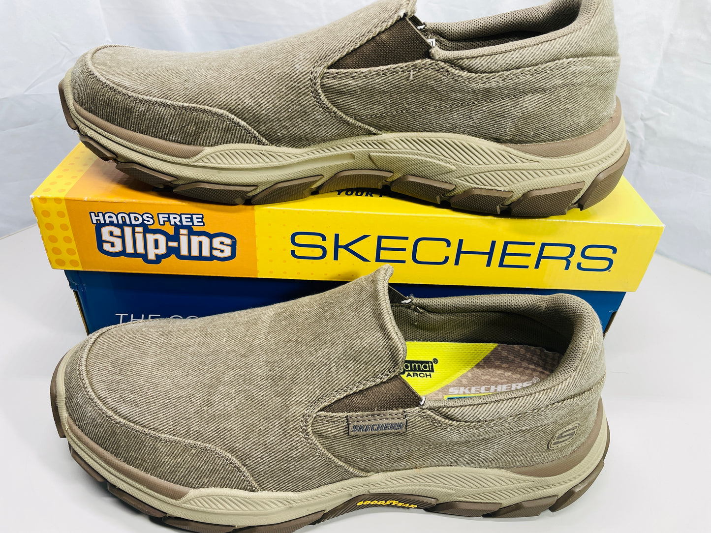 EUC Skechers Slip Ins Arch Fit Motley Denim Tan/Taupe Mens 13 EUC w/ Box
