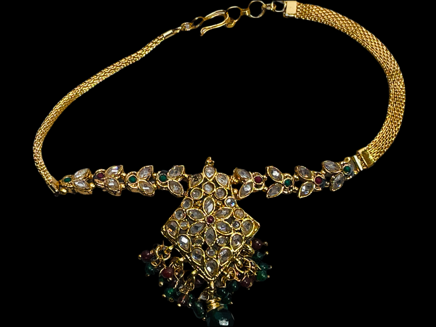 Indian Bollywood Jewelry Upper Arm Bracelet Gold Tone Center Diamond with Green/Purple Danglies 10"
