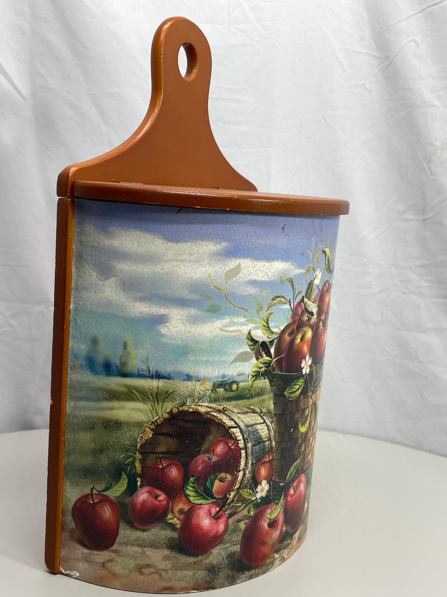 Vintage Grocery Bag Holder Wooden Rustic Style Americana Apple Image with Hinge Lid