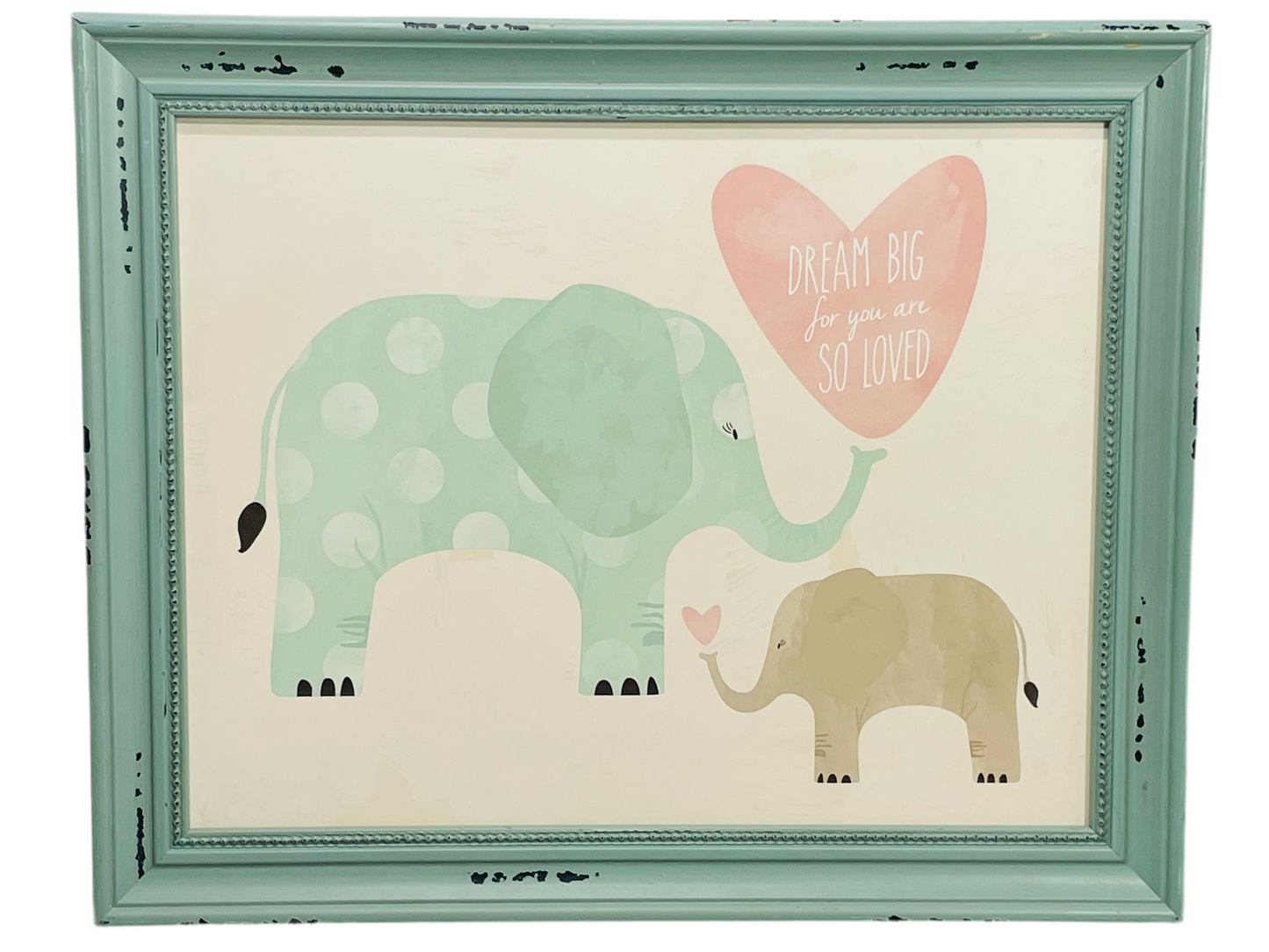 Wall Art Hobby Teal Lobby Wooden Frame with Painted Elephants Mama/Baby 16" x 13"