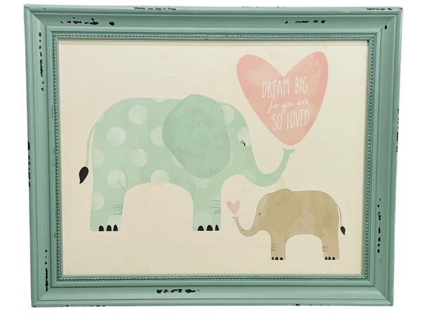 Wall Art Hobby Teal Lobby Wooden Frame with Painted Elephants Mama/Baby 16" x 13"