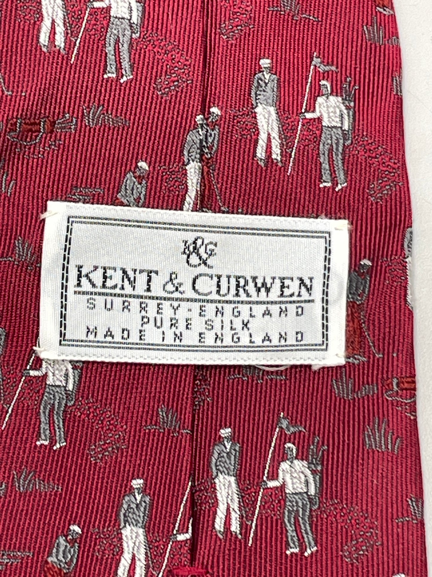 Vintage Mens Neck Tie Kent & Curwen Burgundy Golf Theme 100% Silk