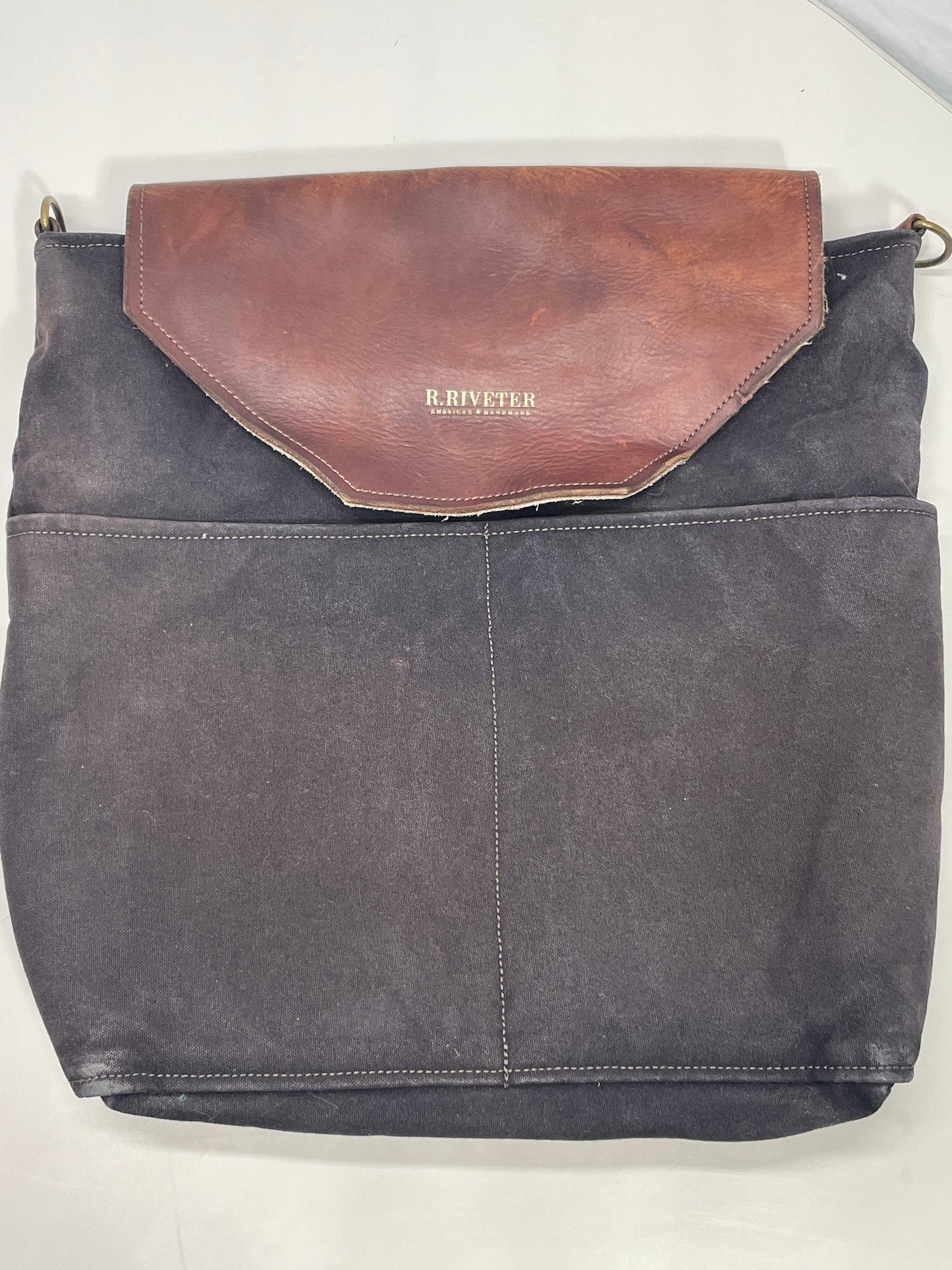 R.Riveter Original Canvas Handbag Purse Black with Leather Flap Distressed Extreme Wear Messenger Bag