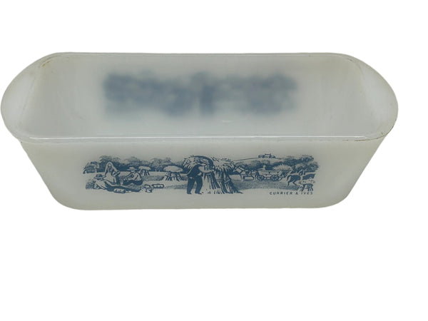 Vintage Currier & Ives Glasbake Loaf Pan White with Blue Harvest Image