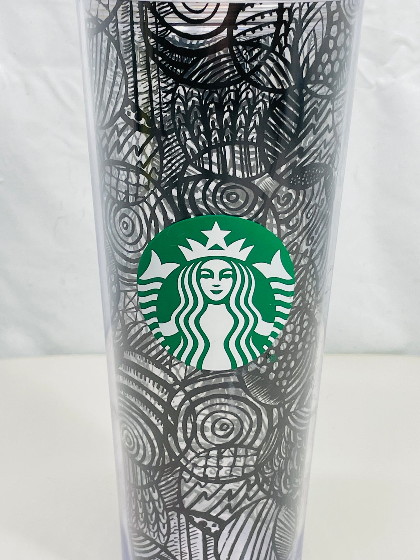 Starbucks 2014 Cold Tumbler Clear Acrylic with Black Circles 24 oz Lt scratching No Straw