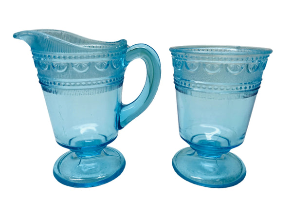 Vintage 2 PC Bryce Higbee Blue Willow Oak Glass Pitcher, Goblet Set