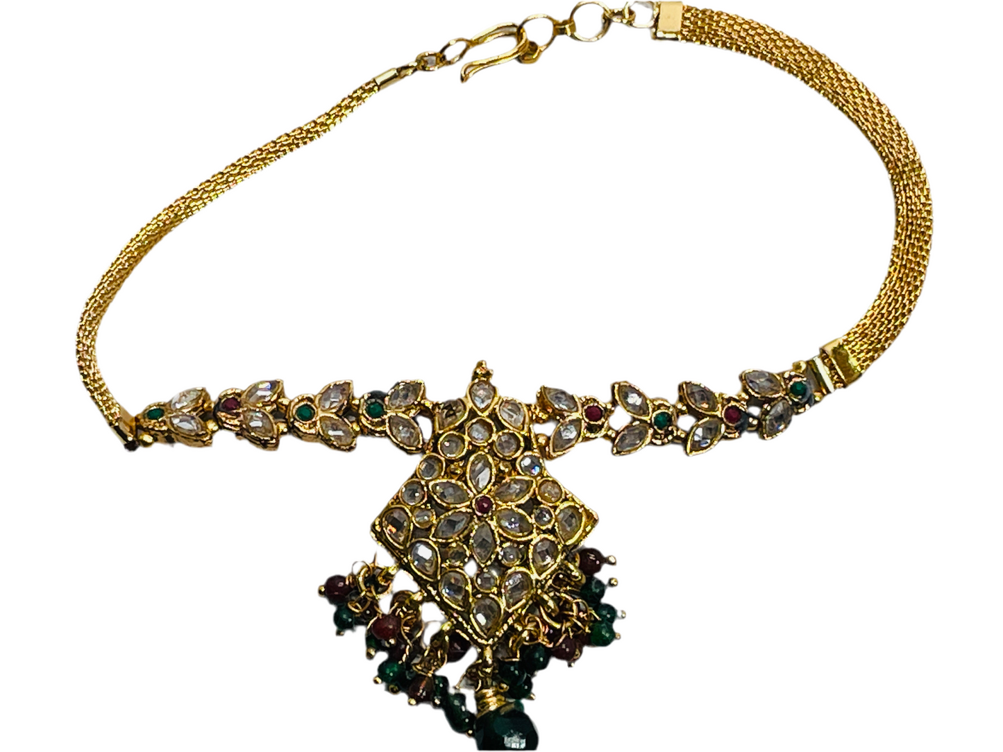 Indian Bollywood Jewelry Upper Arm Bracelet Gold Tone Center Diamond with Green/Purple Danglies 10"