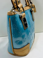 VINTAGE XOXO 100961 Hand Bag Purse Metallic Baby Blue Vinyl Logo Staining On Lining