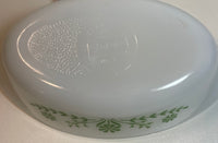 Vintage Glasbake (Chipping on Rim) J235 1 Qt Oval Casserole Dish w/ Lid Green Daisy Pattern