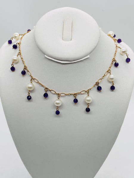 Choker Necklace 14K Yellow Gold Chain with Amethyst Beads & White Pearls Danglies