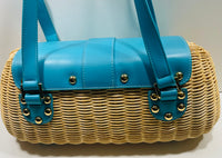 SCUFFS on STRAPS Etienne Aigner Rattan Basket Weave Purse with Teal Leather Flap/Straps Yellow Liner