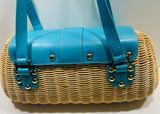 SCUFFS on STRAPS Etienne Aigner Rattan Basket Weave Purse with Teal Leather Flap/Straps Yellow Liner