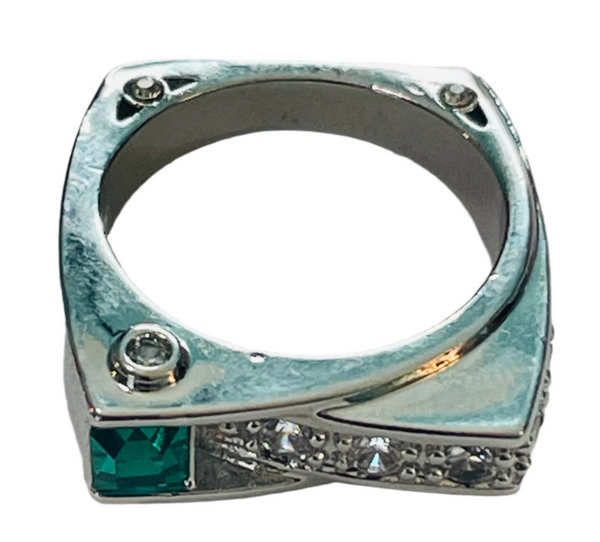 Sterling Silver 925 RING Square with Green and Clear Crystal Stones SIZE 7