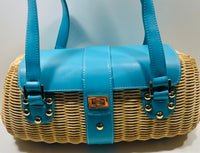 SCUFFS on STRAPS Etienne Aigner Rattan Basket Weave Purse with Teal Leather Flap/Straps Yellow Liner