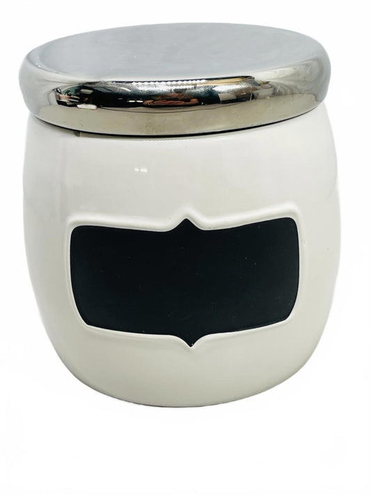 Boots & Barkley Pet Treat Jar Cermaic White with Chalk Label Silver Top
