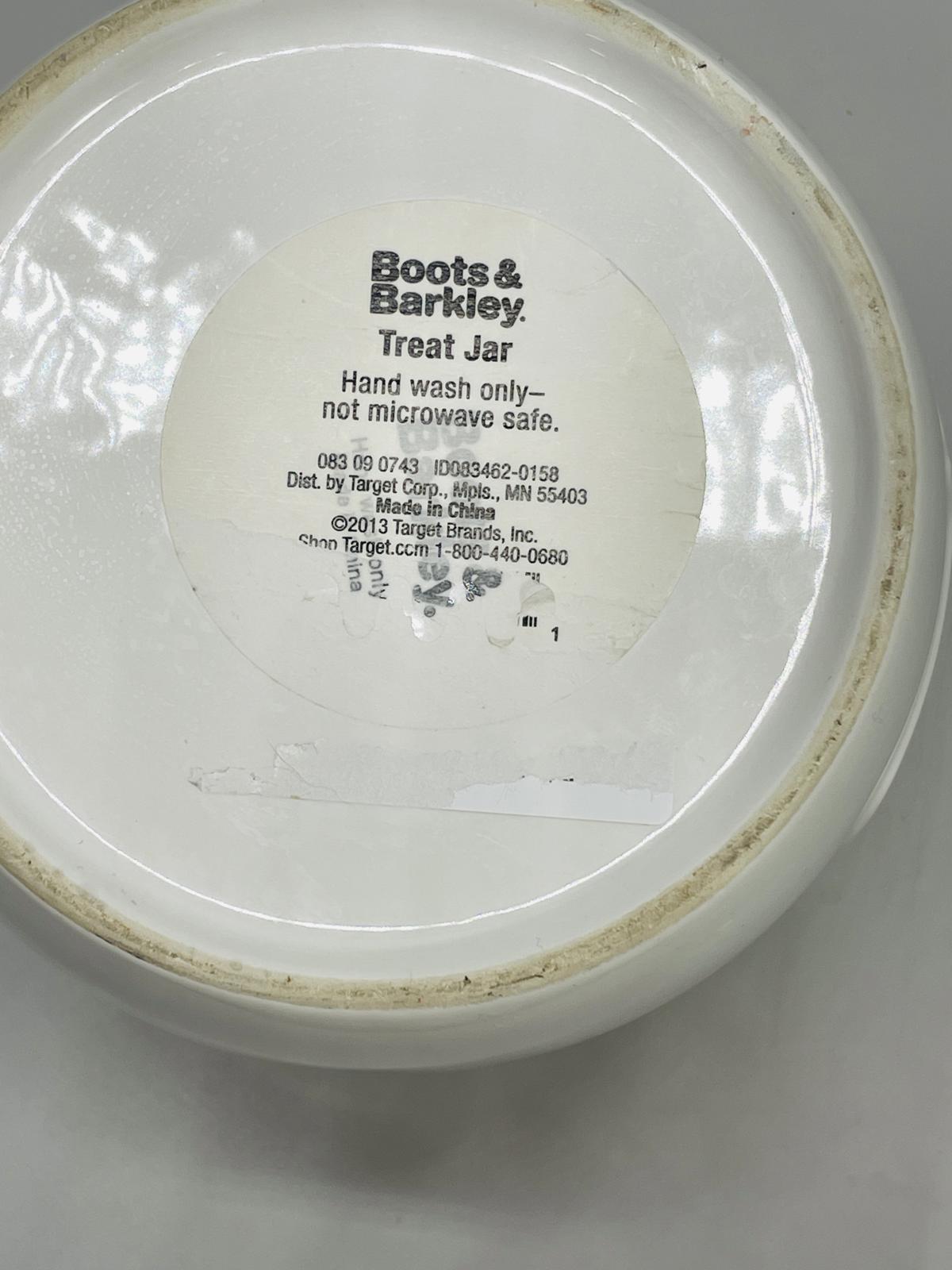 Boots & Barkley Pet Treat Jar Cermaic White with Chalk Label Silver Top