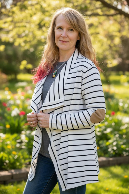 White & Black Striped Cardigan Sweater w/ Khaki Elbow Patches Ladies S