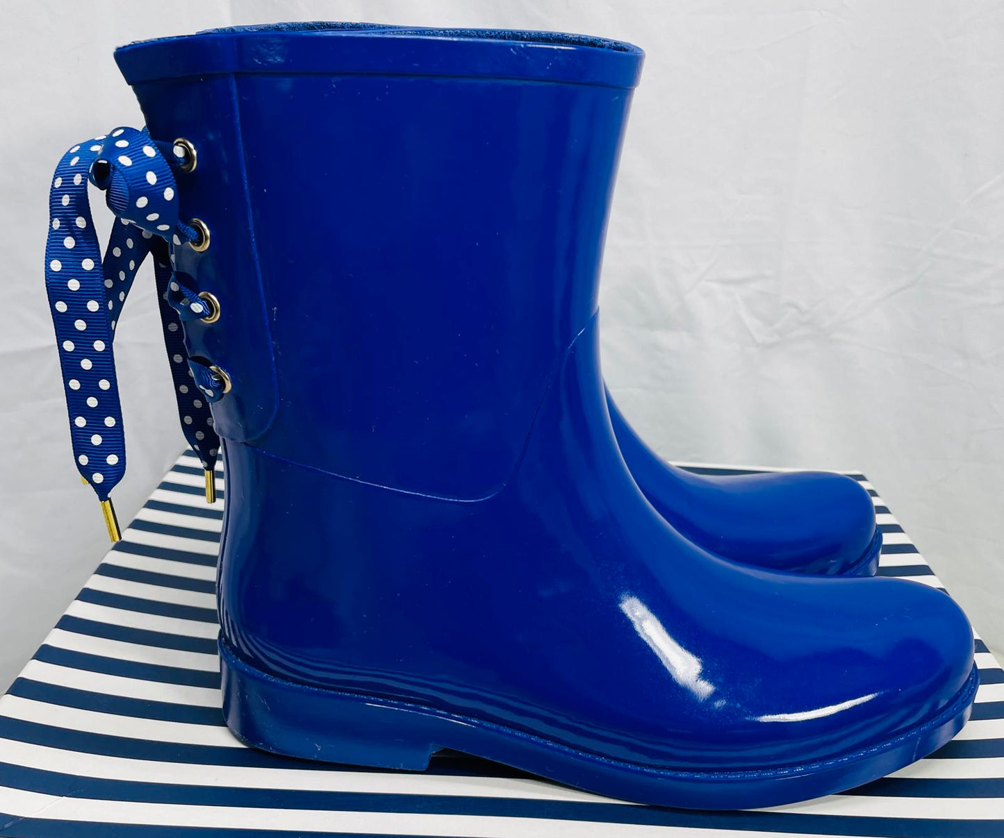 Crown & Ivy Gloss Blue Rubber Rain Boots with Polka Dot Ties LT WEAR Womens 8M