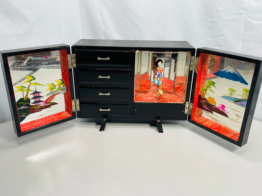 Vintage Japanese Black Laquer Jewelry Box with Windup Dancer (tested) NO KEY