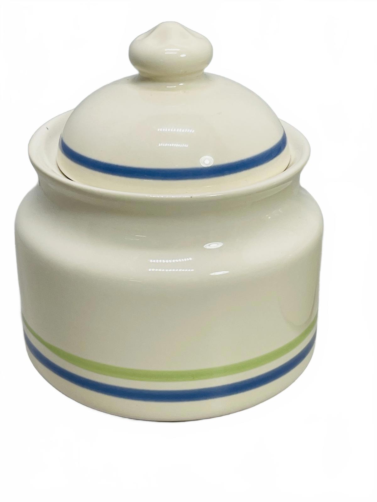 VINTAGE 2 PC Cream/Sugar Bowls Ceramic Beige with Blue Stripes 3" x 4"