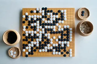 EUC NO BOX The Asian Game of GO 19" x 19" Wooden Board with 2 Bamboo Cups of Stones